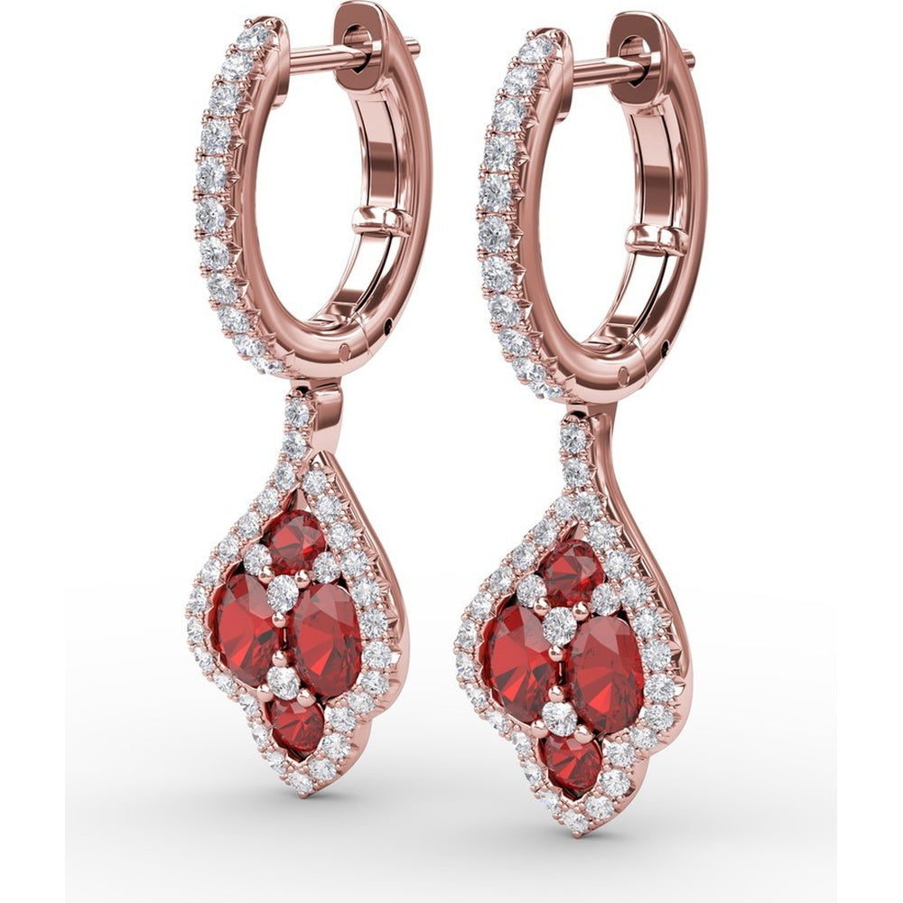 Vintage-Inspired Drop Earrings with Round Ruby and Diamond Halo by Fana - 1.79 Carat Total Gemstone Weight