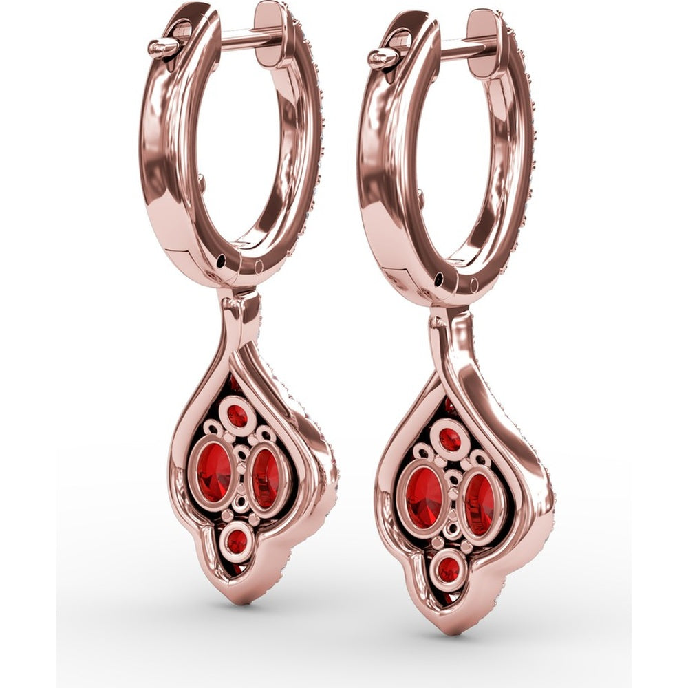 Vintage-Inspired Drop Earrings with Round Ruby and Diamond Halo by Fana - 1.79 Carat Total Gemstone Weight