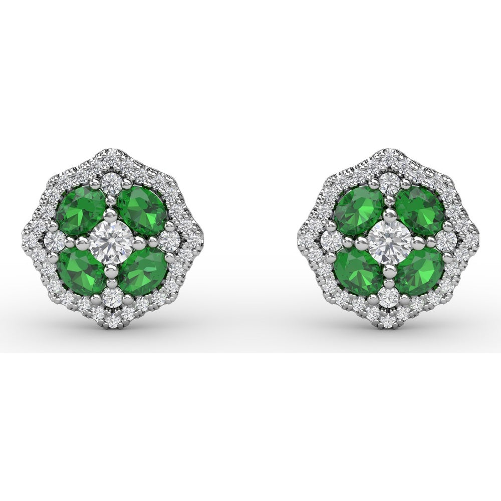 Vintage-Inspired Emerald and Diamond Stud Earrings with Milgrain Detail by Fana - 1.40 Carat Total Gemstone Weight