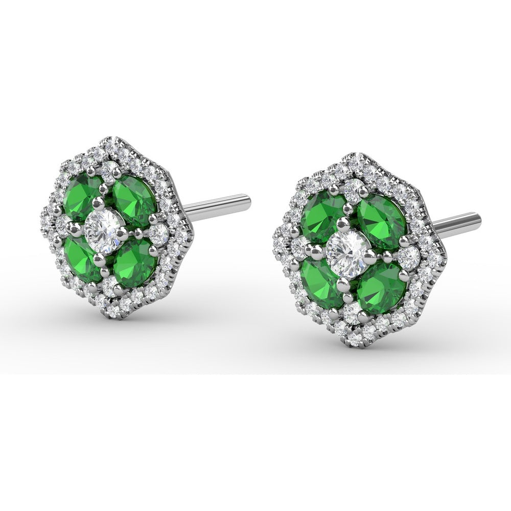 Vintage-Inspired Emerald and Diamond Stud Earrings with Milgrain Detail by Fana - 1.40 Carat Total Gemstone Weight