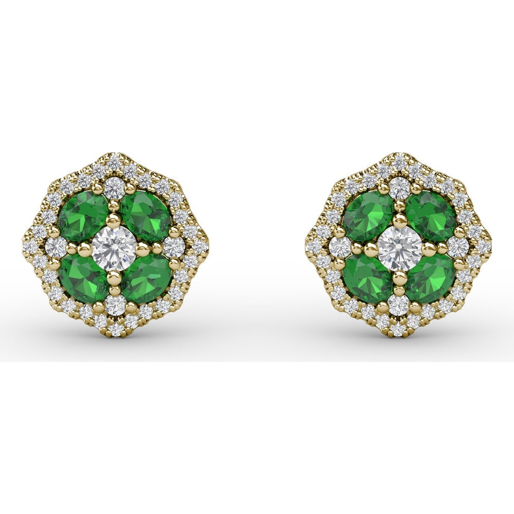 Vintage-Inspired Emerald and Diamond Stud Earrings with Milgrain Detail by Fana - 1.40 Carat Total Gemstone Weight