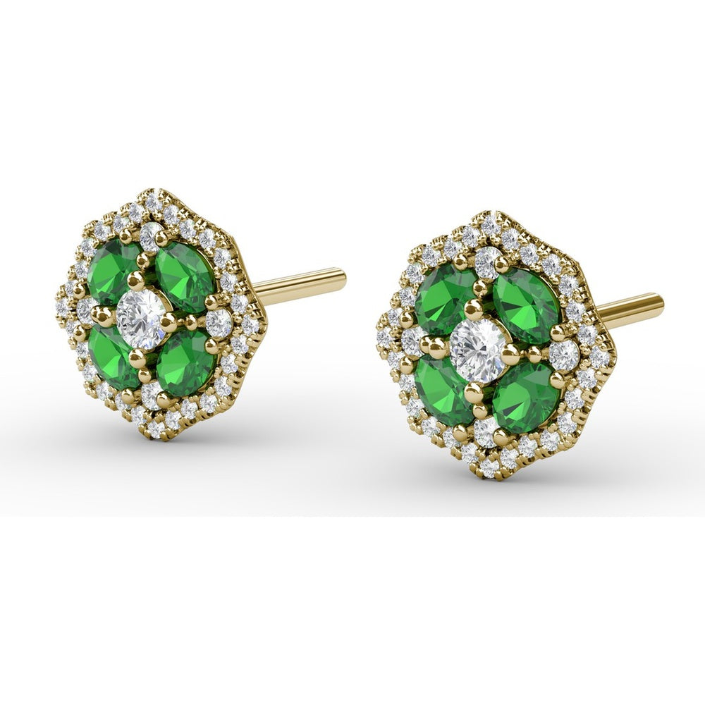 Vintage-Inspired Emerald and Diamond Stud Earrings with Milgrain Detail by Fana - 1.40 Carat Total Gemstone Weight
