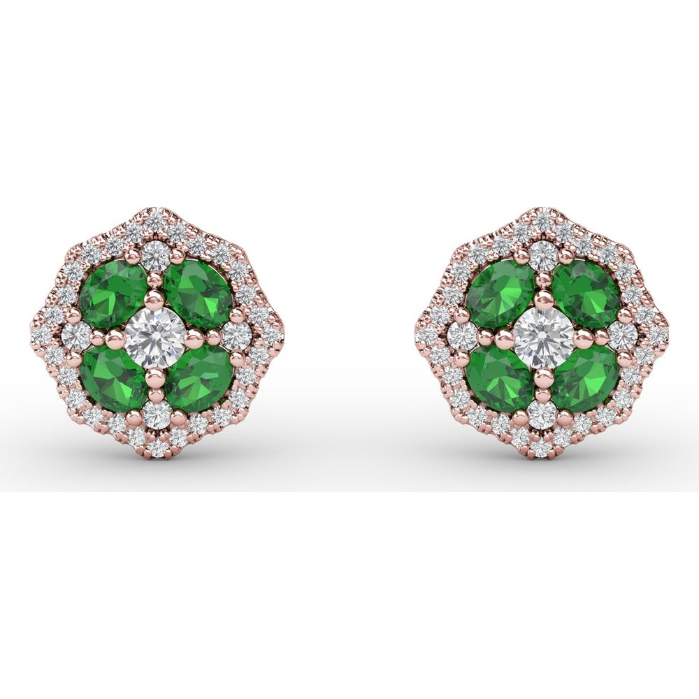 Vintage-Inspired Emerald and Diamond Stud Earrings with Milgrain Detail by Fana - 1.40 Carat Total Gemstone Weight