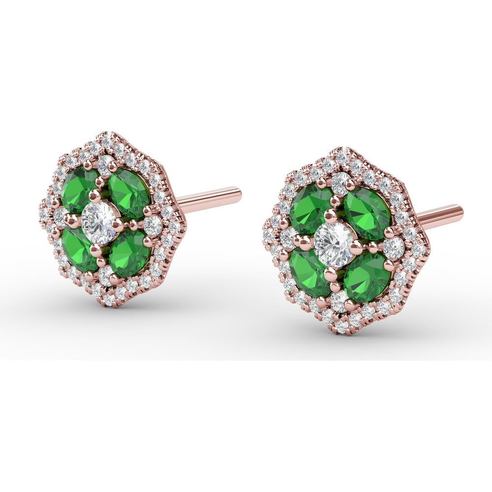 Vintage-Inspired Emerald and Diamond Stud Earrings with Milgrain Detail by Fana - 1.40 Carat Total Gemstone Weight