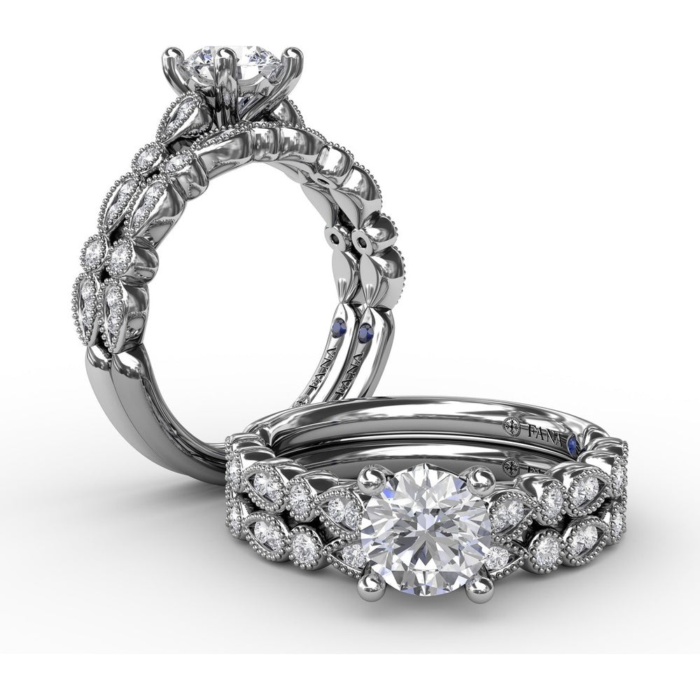 Vintage-Inspired Engagement Ring Setting with Milgrain Bezel-Set Round and Pear-Shaped Diamond Band by Fana - 0.19 Carat Total Diamond Weight