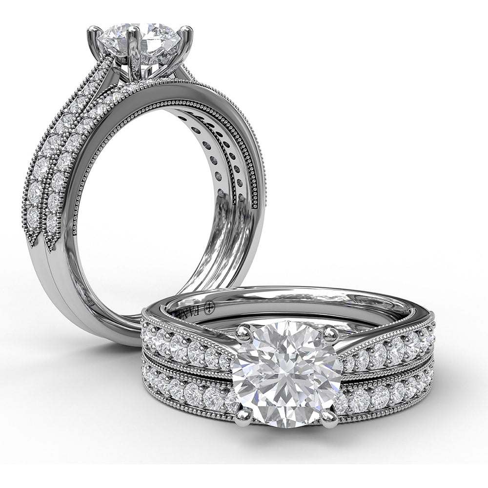 Vintage-Inspired Engagement Ring Setting with Pavé Diamond Band and Milgrain Detailing by Fana - 0.31 Carat Total Diamond Weight
