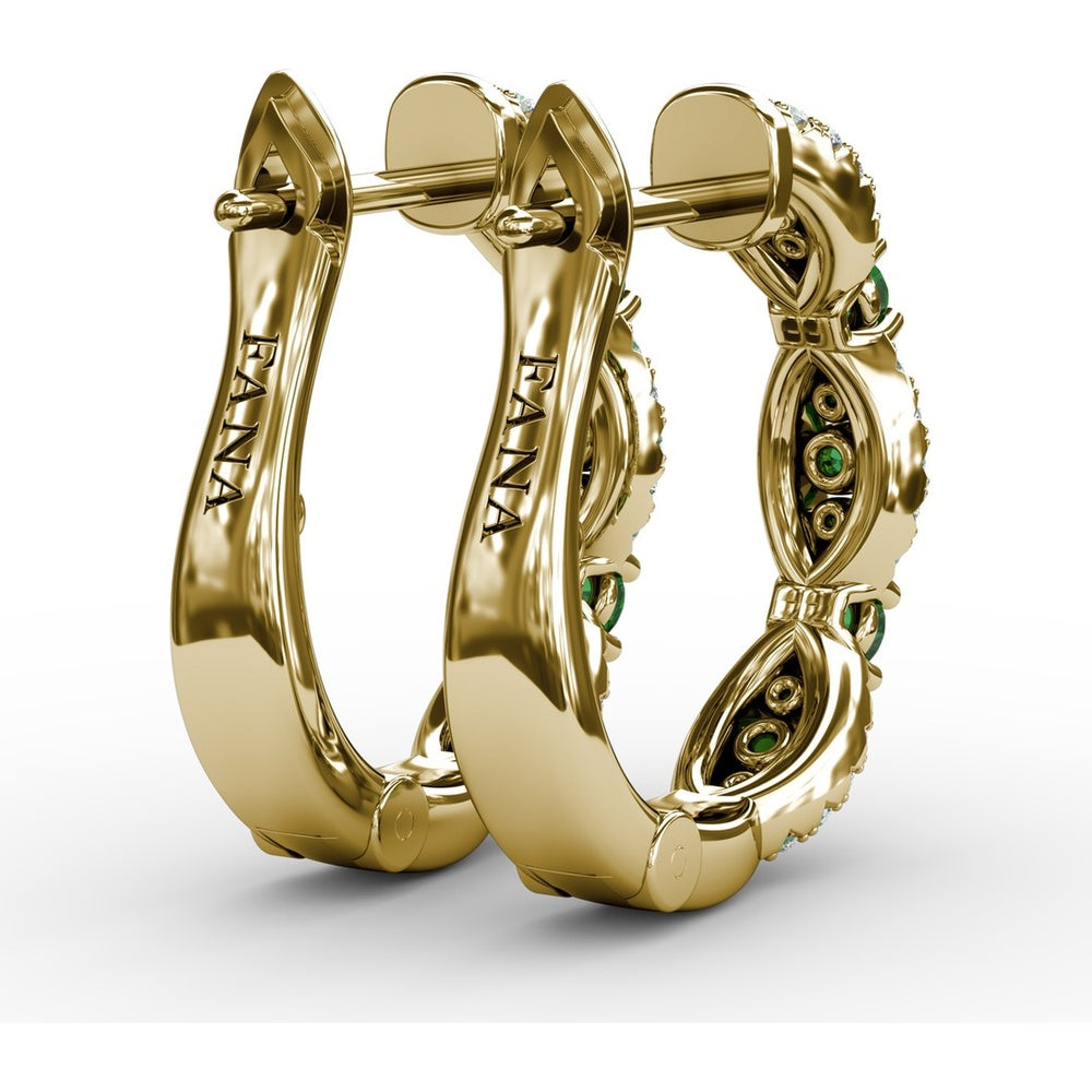 Vintage-Inspired Openwork Hoop Earrings with Round and Marquise Emeralds and Pavé Diamonds by Fana - 1.11 Carat Total Gemstone Weight