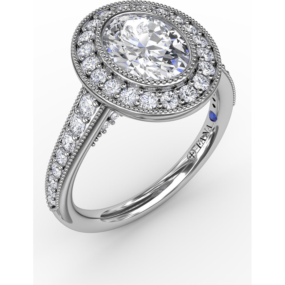 Vintage Milgrain Oval Halo Engagement Ring Setting with Pavé Diamond Band by Fana - 0.55 Carat Total Diamond Weight