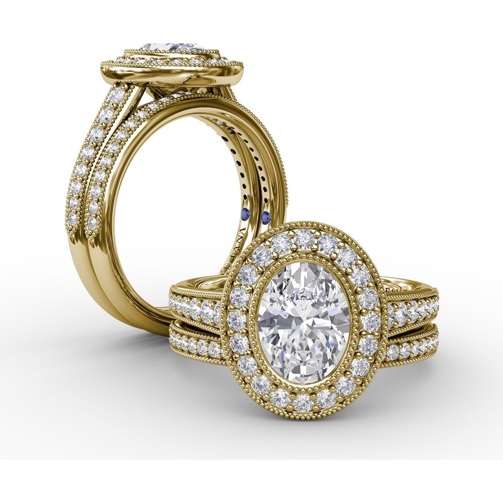 Vintage Milgrain Oval Halo Engagement Ring Setting with Pavé Diamond Band by Fana - 0.55 Carat Total Diamond Weight