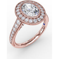 Vintage Milgrain Oval Halo Engagement Ring Setting with Pavé Diamond Band by Fana - 0.55 Carat Total Diamond Weight