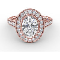 Vintage Milgrain Oval Halo Engagement Ring Setting with Pavé Diamond Band by Fana - 0.55 Carat Total Diamond Weight