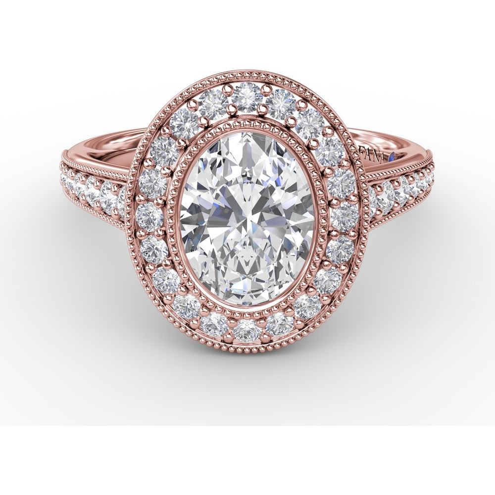 Vintage Milgrain Oval Halo Engagement Ring Setting with Pavé Diamond Band by Fana - 0.55 Carat Total Diamond Weight