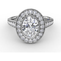 Vintage Milgrain Oval Halo Engagement Ring Setting with Pavé Diamond Band by Fana - 0.55 Carat Total Diamond Weight