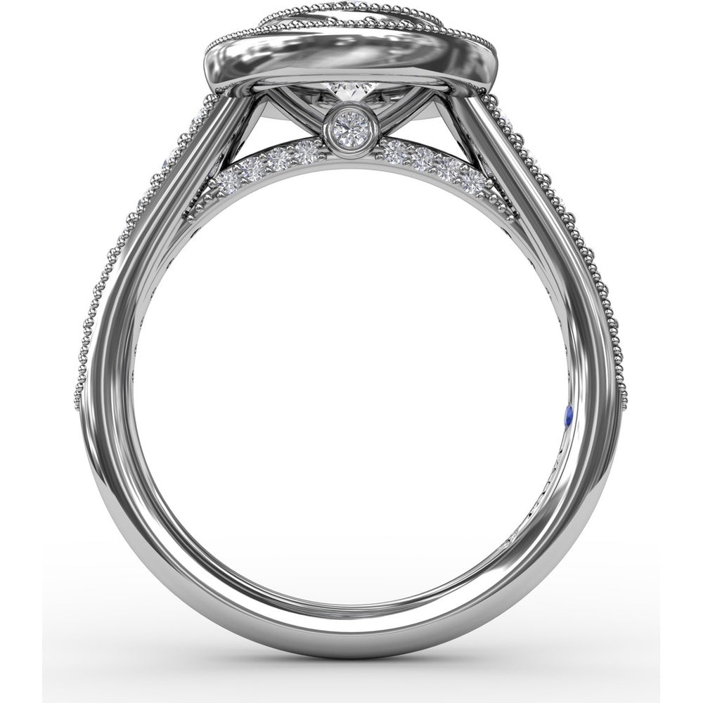 Vintage Milgrain Oval Halo Engagement Ring Setting with Pavé Diamond Band by Fana - 0.55 Carat Total Diamond Weight