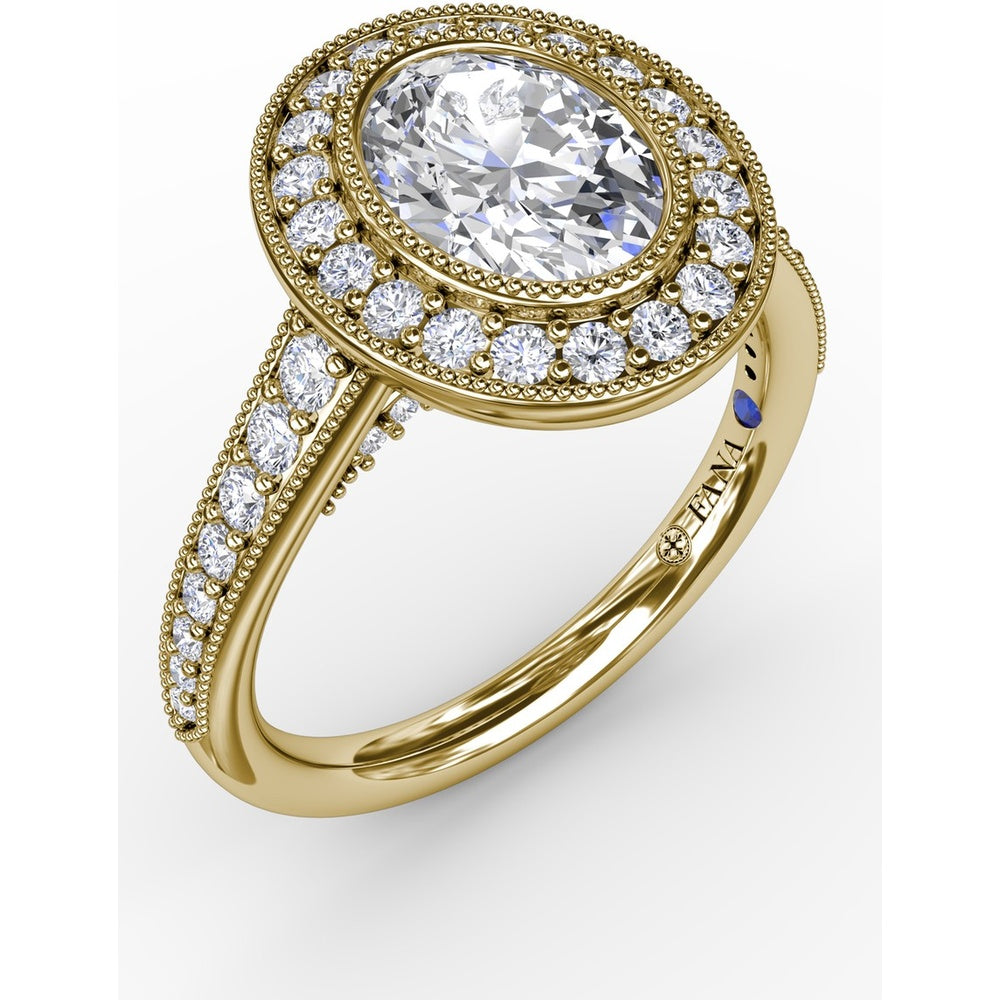 Vintage Milgrain Oval Halo Engagement Ring Setting with Pavé Diamond Band by Fana - 0.55 Carat Total Diamond Weight