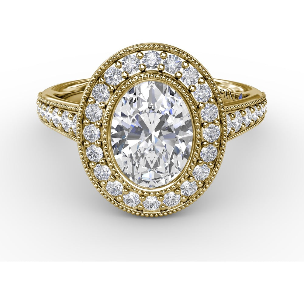 Vintage Milgrain Oval Halo Engagement Ring Setting with Pavé Diamond Band by Fana - 0.55 Carat Total Diamond Weight