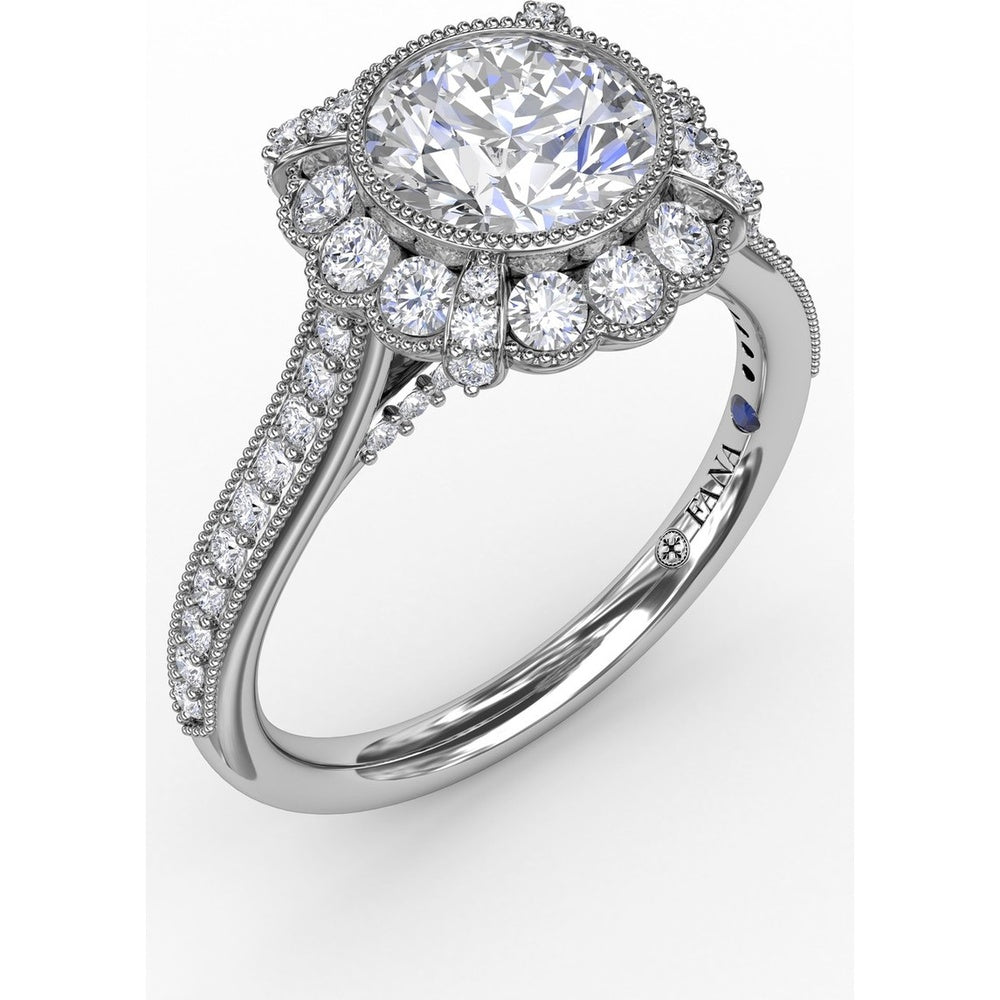 Vintage Scalloped Halo Engagement Ring Setting with Milgrain Details and Pavé Band by Fana - 0.56 Carat Total Diamond Weight