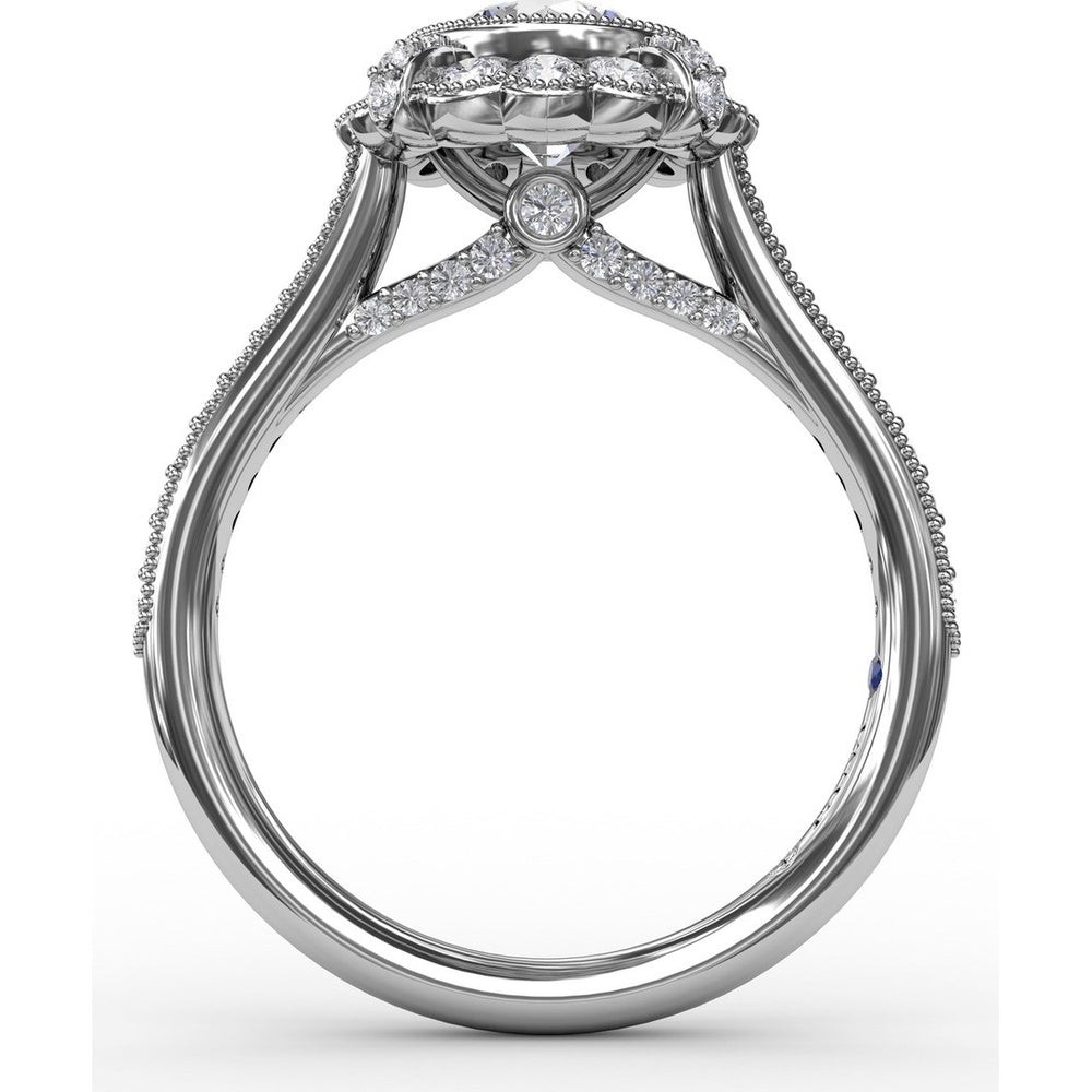 Vintage Scalloped Halo Engagement Ring Setting with Milgrain Details and Pavé Band by Fana - 0.56 Carat Total Diamond Weight