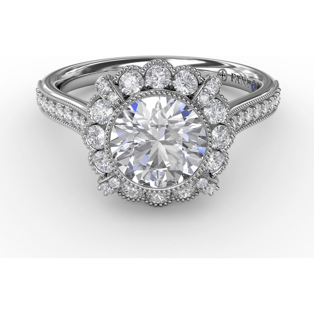 Vintage Scalloped Halo Engagement Ring Setting with Milgrain Details and Pavé Band by Fana - 0.56 Carat Total Diamond Weight