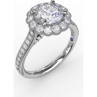 Vintage Scalloped Halo Engagement Ring Setting with Pavé Diamond Band and Milgrain Details by Fana - 0.60 Carat Total Diamond Weight