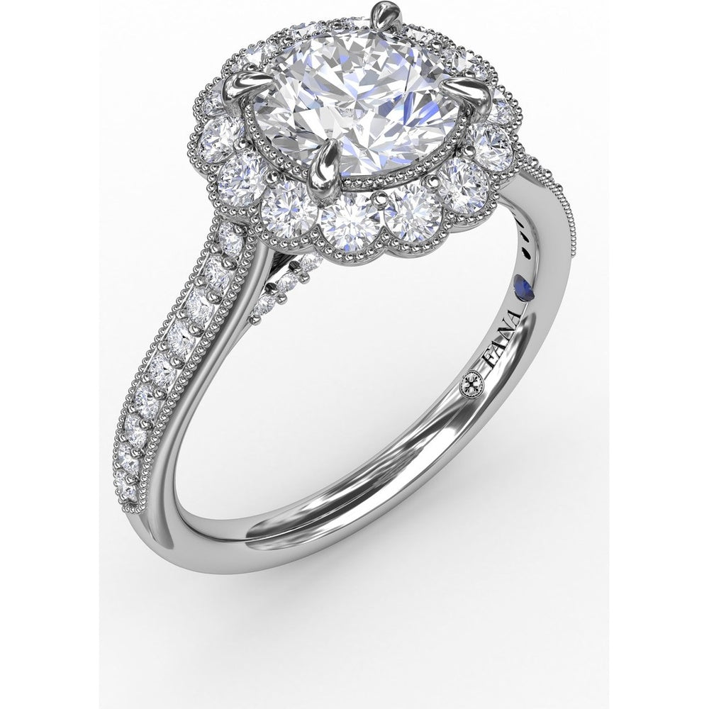 Vintage Scalloped Halo Engagement Ring Setting with Pavé Diamond Band and Milgrain Details by Fana - 0.60 Carat Total Diamond Weight