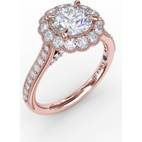 Vintage Scalloped Halo Engagement Ring Setting with Pavé Diamond Band and Milgrain Details by Fana - 0.60 Carat Total Diamond Weight