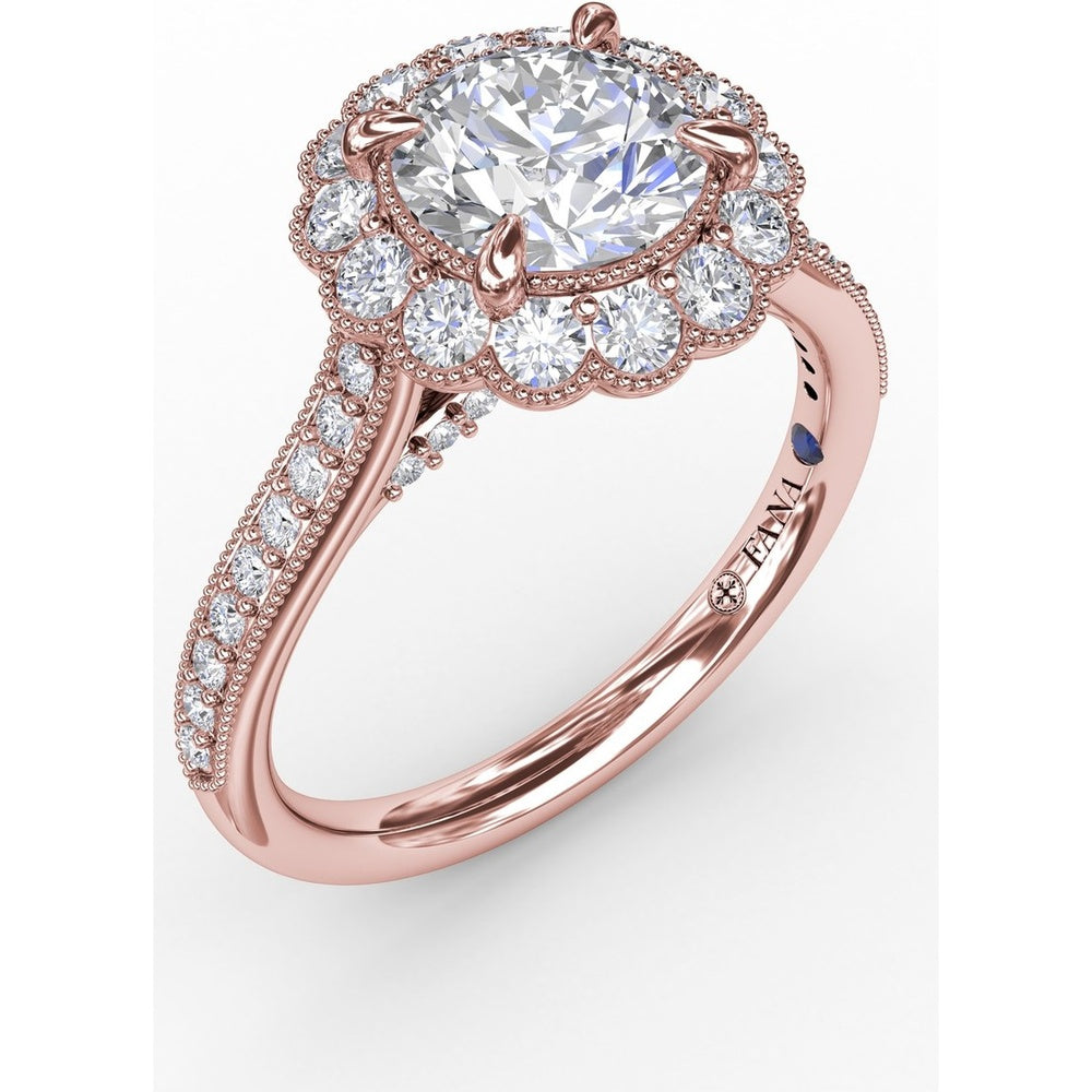 Vintage Scalloped Halo Engagement Ring Setting with Pavé Diamond Band and Milgrain Details by Fana - 0.60 Carat Total Diamond Weight