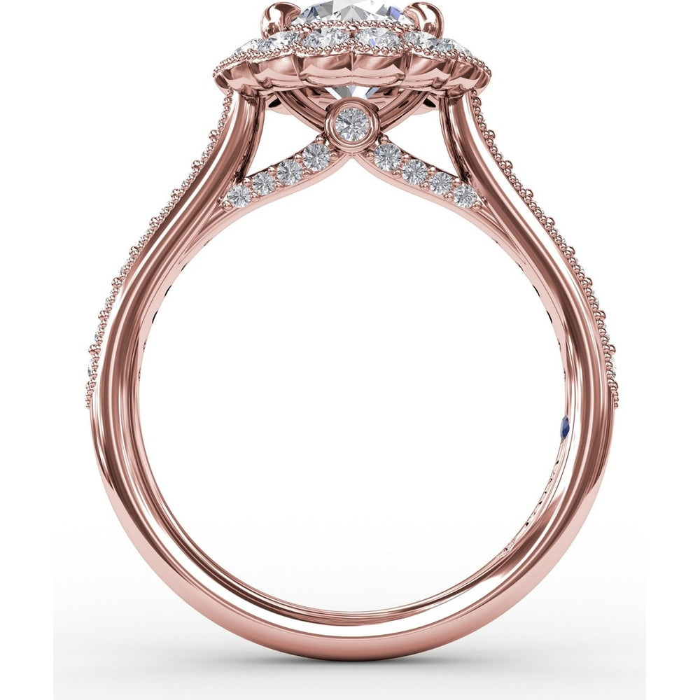 Vintage Scalloped Halo Engagement Ring Setting with Pavé Diamond Band and Milgrain Details by Fana - 0.60 Carat Total Diamond Weight