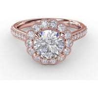 Vintage Scalloped Halo Engagement Ring Setting with Pavé Diamond Band and Milgrain Details by Fana - 0.60 Carat Total Diamond Weight