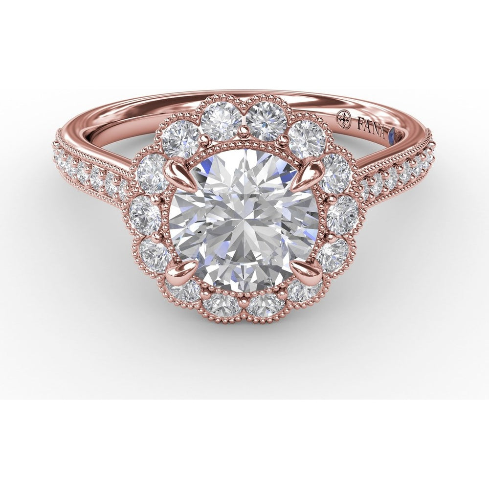 Vintage Scalloped Halo Engagement Ring Setting with Pavé Diamond Band and Milgrain Details by Fana - 0.60 Carat Total Diamond Weight
