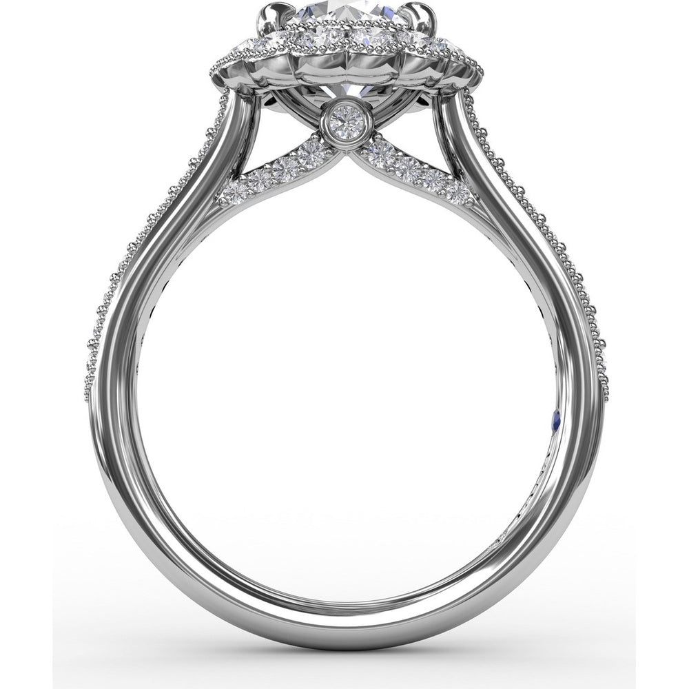 Vintage Scalloped Halo Engagement Ring Setting with Pavé Diamond Band and Milgrain Details by Fana - 0.60 Carat Total Diamond Weight