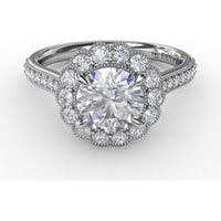 Vintage Scalloped Halo Engagement Ring Setting with Pavé Diamond Band and Milgrain Details by Fana - 0.60 Carat Total Diamond Weight