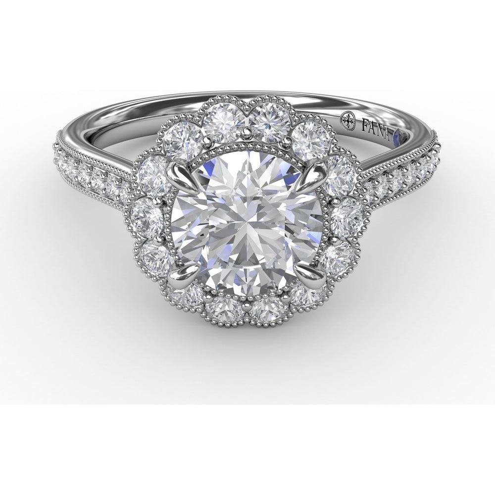 Vintage Scalloped Halo Engagement Ring Setting with Pavé Diamond Band and Milgrain Details by Fana - 0.60 Carat Total Diamond Weight