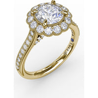Vintage Scalloped Halo Engagement Ring Setting with Pavé Diamond Band and Milgrain Details by Fana - 0.60 Carat Total Diamond Weight