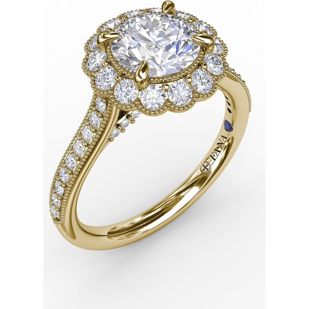 Vintage Scalloped Halo Engagement Ring Setting with Pavé Diamond Band and Milgrain Details by Fana - 0.60 Carat Total Diamond Weight