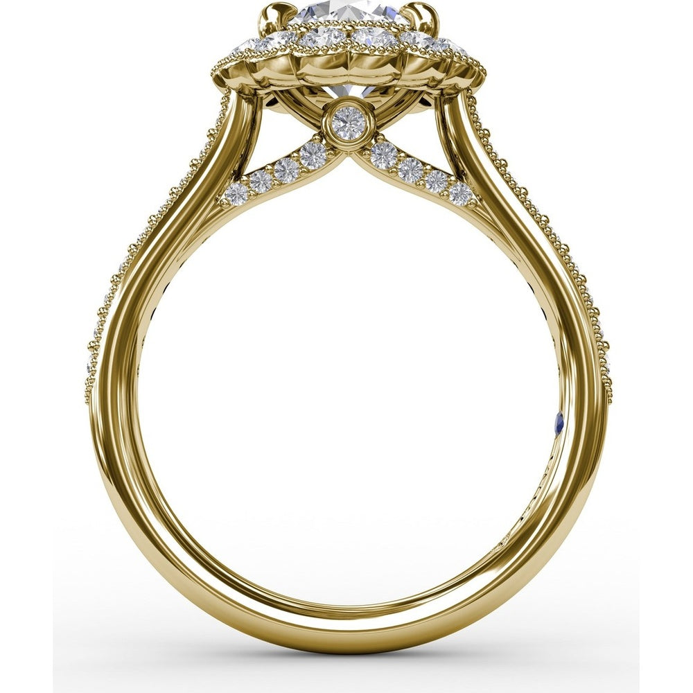 Vintage Scalloped Halo Engagement Ring Setting with Pavé Diamond Band and Milgrain Details by Fana - 0.60 Carat Total Diamond Weight