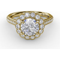 Vintage Scalloped Halo Engagement Ring Setting with Pavé Diamond Band and Milgrain Details by Fana - 0.60 Carat Total Diamond Weight