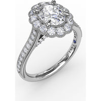Vintage Scalloped Halo Oval Engagement Ring Setting with Pavé Diamond Band and Milgrain Details by Fana - 0.62 Carat Total Diamond Weight