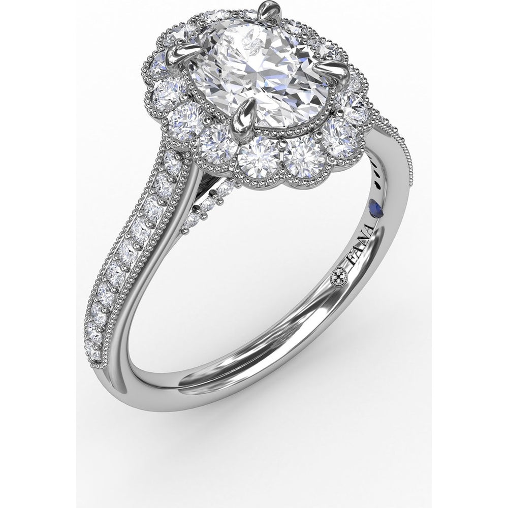 Vintage Scalloped Halo Oval Engagement Ring Setting with Pavé Diamond Band and Milgrain Details by Fana - 0.62 Carat Total Diamond Weight