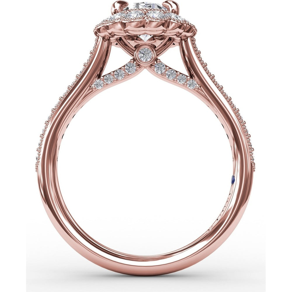 Vintage Scalloped Halo Oval Engagement Ring Setting with Pavé Diamond Band and Milgrain Details by Fana - 0.62 Carat Total Diamond Weight