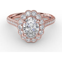 Vintage Scalloped Halo Oval Engagement Ring Setting with Pavé Diamond Band and Milgrain Details by Fana - 0.62 Carat Total Diamond Weight
