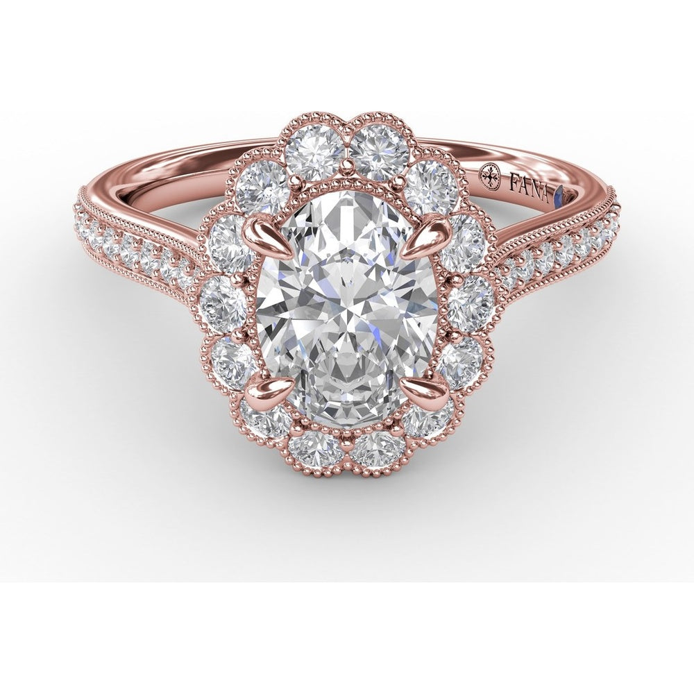 Vintage Scalloped Halo Oval Engagement Ring Setting with Pavé Diamond Band and Milgrain Details by Fana - 0.62 Carat Total Diamond Weight