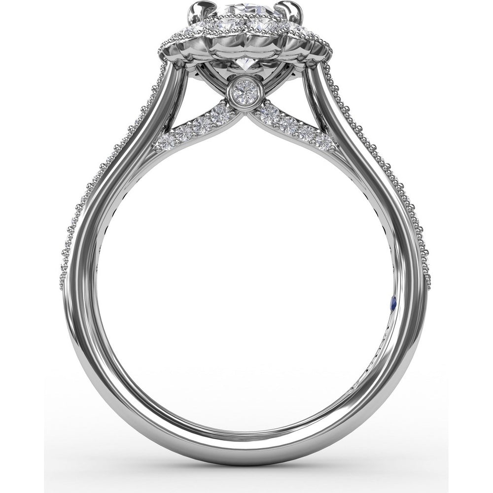 Vintage Scalloped Halo Oval Engagement Ring Setting with Pavé Diamond Band and Milgrain Details by Fana - 0.62 Carat Total Diamond Weight
