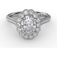 Vintage Scalloped Halo Oval Engagement Ring Setting with Pavé Diamond Band and Milgrain Details by Fana - 0.62 Carat Total Diamond Weight