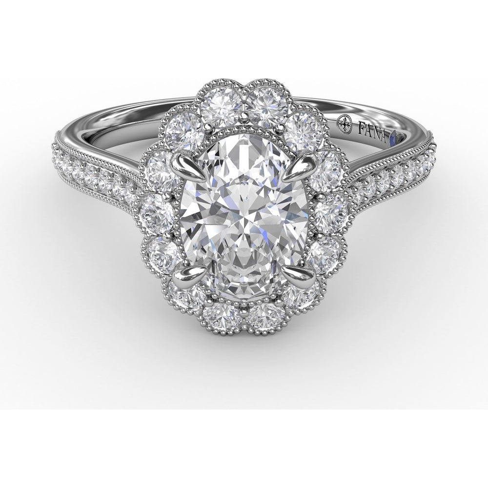 Vintage Scalloped Halo Oval Engagement Ring Setting with Pavé Diamond Band and Milgrain Details by Fana - 0.62 Carat Total Diamond Weight