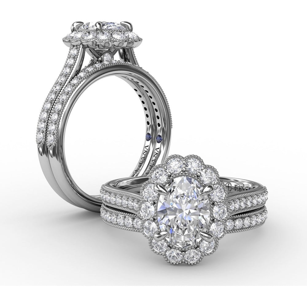 Vintage Scalloped Halo Oval Engagement Ring Setting with Pavé Diamond Band and Milgrain Details by Fana - 0.62 Carat Total Diamond Weight