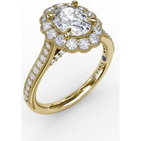 Vintage Scalloped Halo Oval Engagement Ring Setting with Pavé Diamond Band and Milgrain Details by Fana - 0.62 Carat Total Diamond Weight
