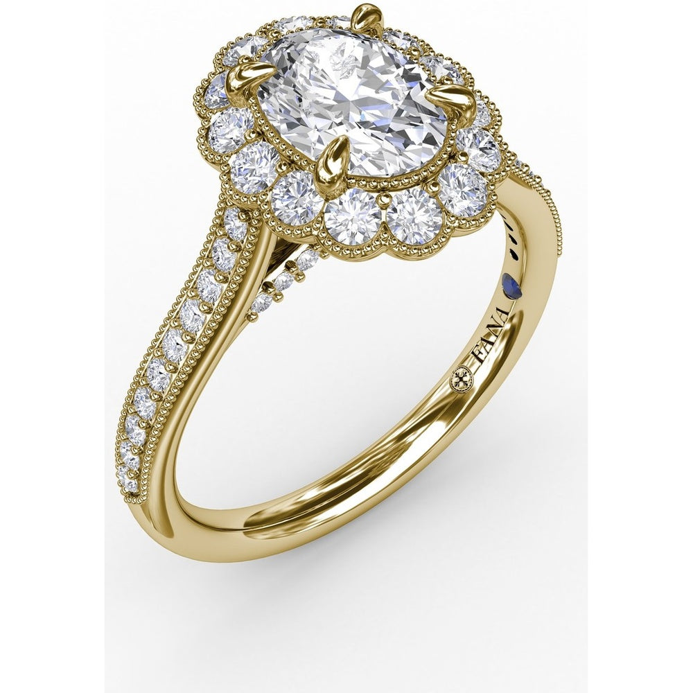 Vintage Scalloped Halo Oval Engagement Ring Setting with Pavé Diamond Band and Milgrain Details by Fana - 0.62 Carat Total Diamond Weight