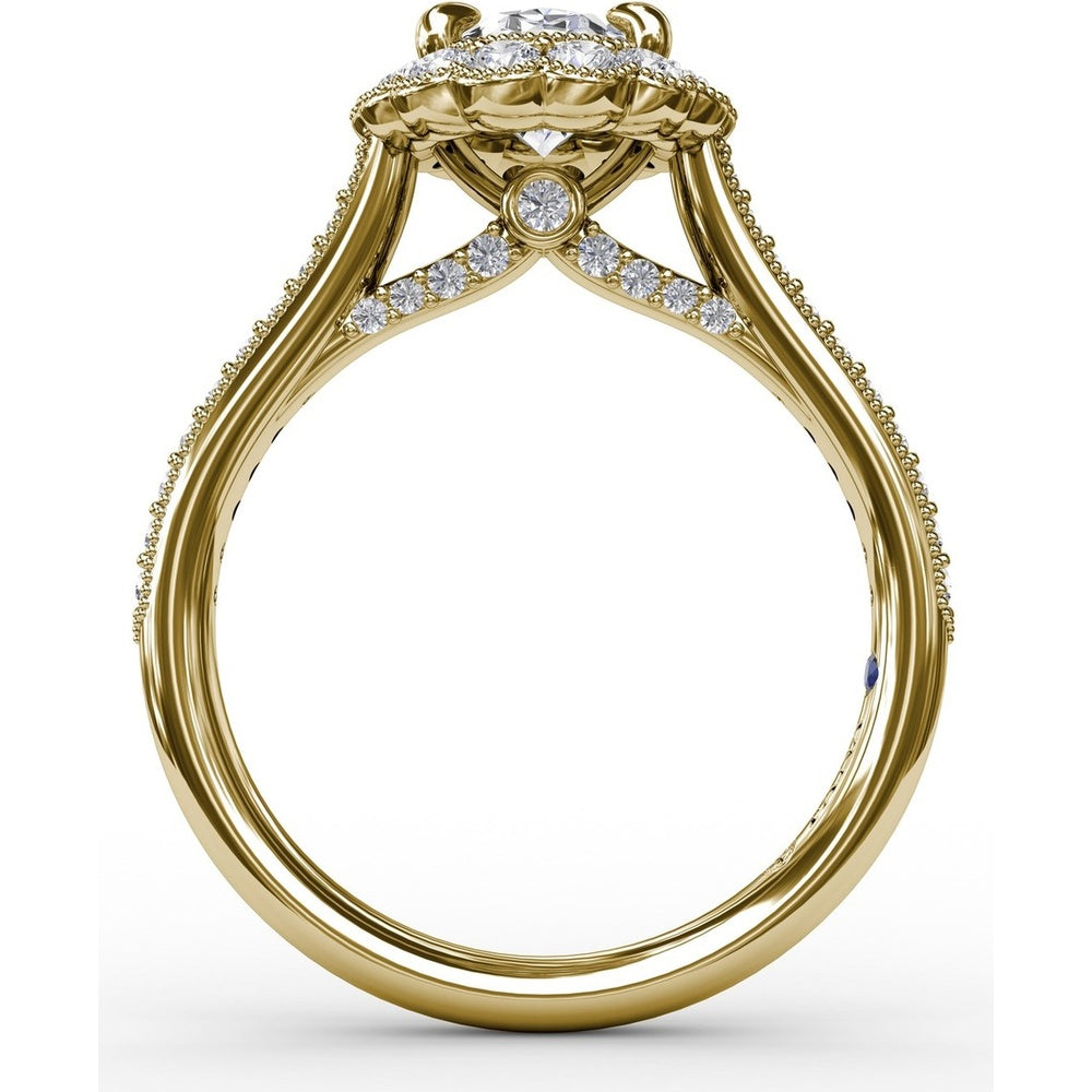 Vintage Scalloped Halo Oval Engagement Ring Setting with Pavé Diamond Band and Milgrain Details by Fana - 0.62 Carat Total Diamond Weight