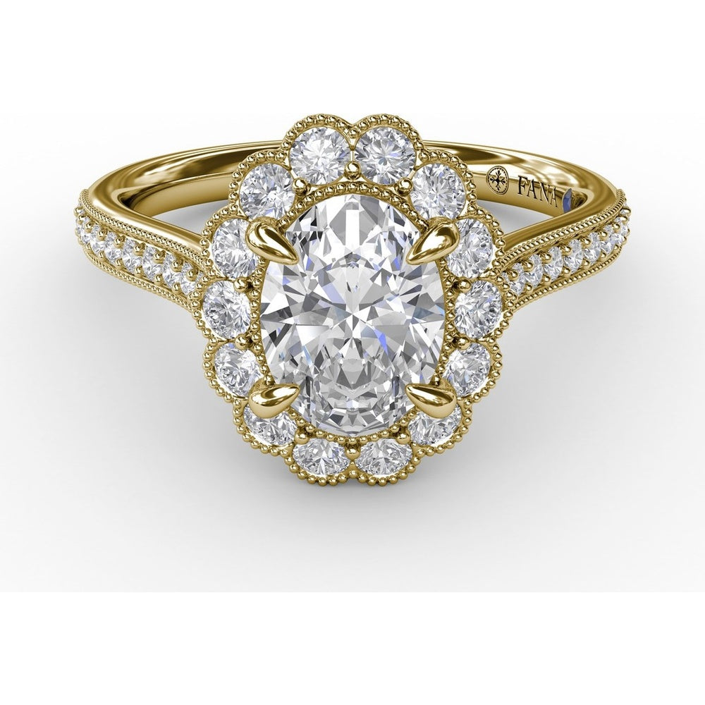 Vintage Scalloped Halo Oval Engagement Ring Setting with Pavé Diamond Band and Milgrain Details by Fana - 0.62 Carat Total Diamond Weight